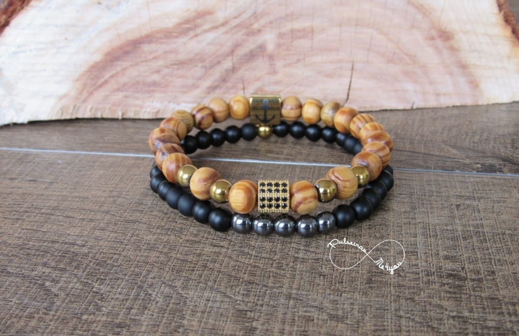 Conjunto Pulseiras Masculinas Madeira + Cubic Zircónia Dourada - PULSH 107 - dourado