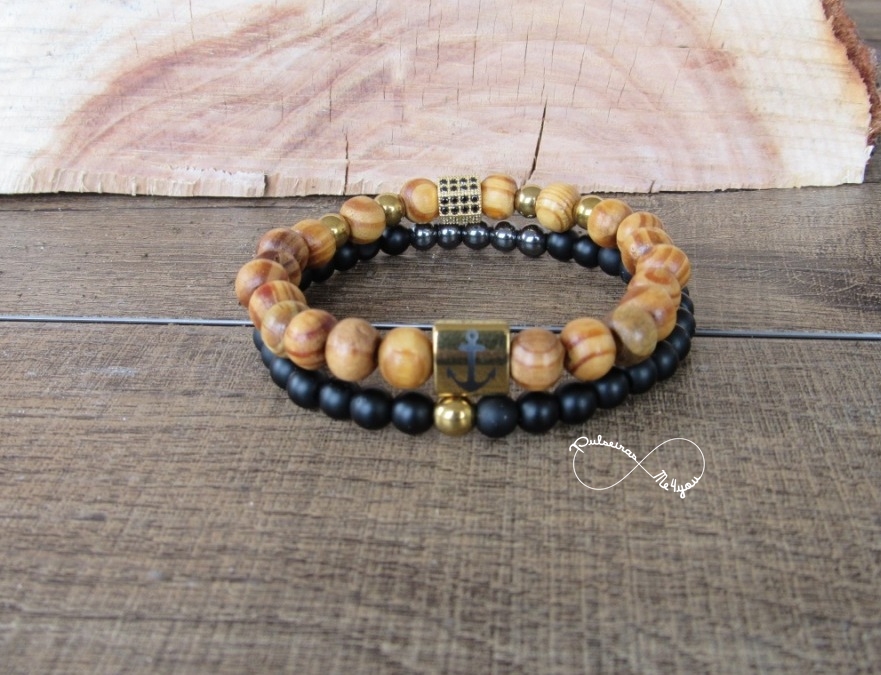 Conjunto Pulseiras Masculinas Madeira + Cubic Zircónia Dourada - PULSH 107 - dourado - Image 2