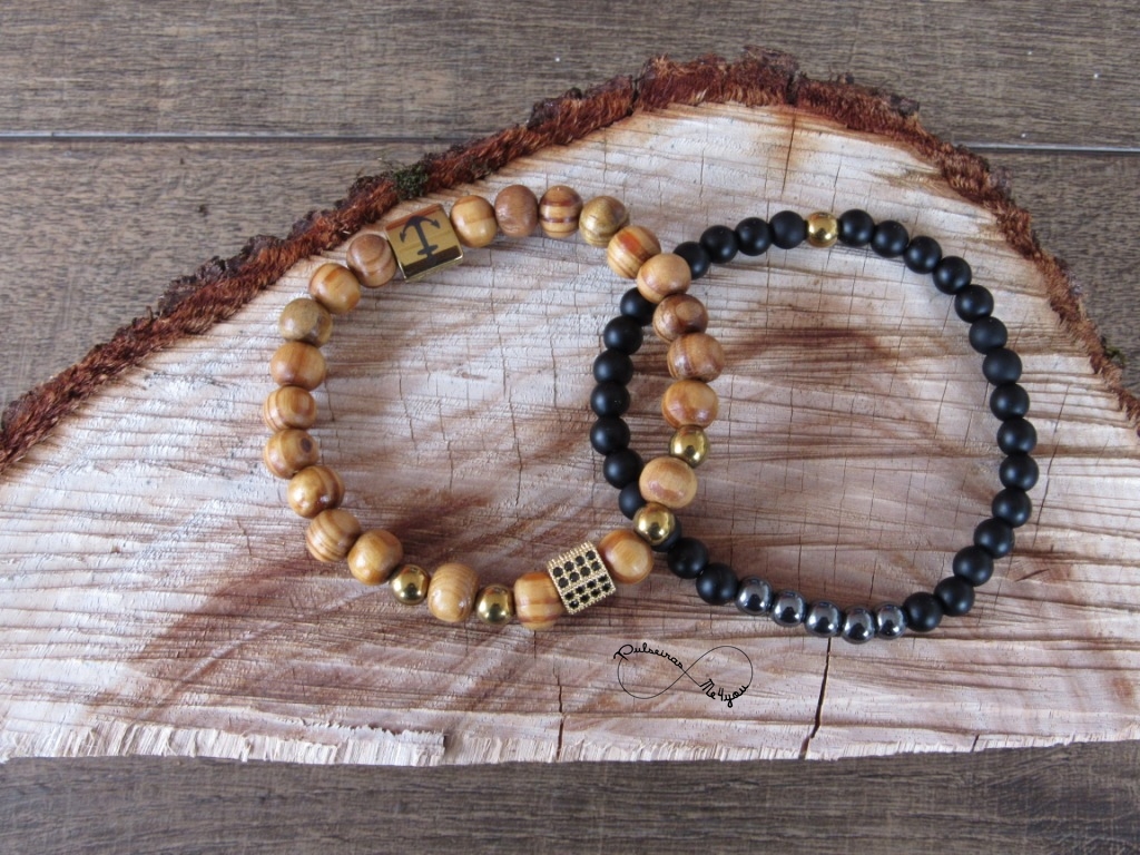 Conjunto Pulseiras Masculinas Madeira + Cubic Zircónia Dourada - PULSH 107 - dourado - Image 3