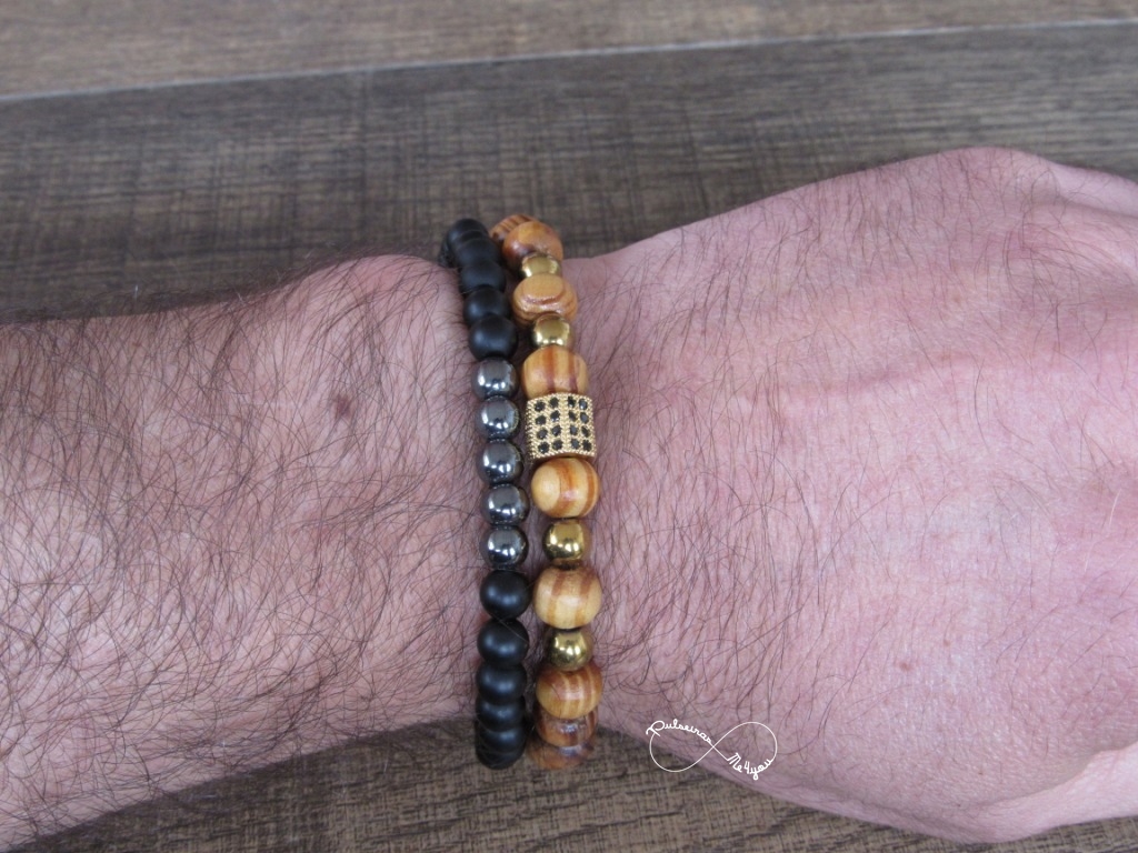 Conjunto Pulseiras Masculinas Madeira + Cubic Zircónia Dourada - PULSH 107 - dourado - Image 4