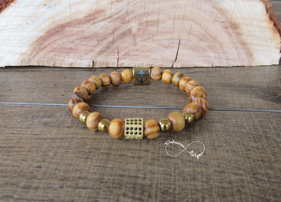 Conjunto Pulseiras Masculinas Madeira + Cubic Zircónia Dourada - PULSH 107 - dourado - Image 5
