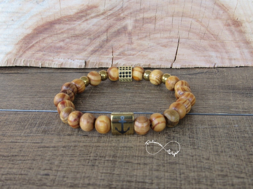 Conjunto Pulseiras Masculinas Madeira + Cubic Zircónia Dourada - PULSH 107 - dourado - Image 6