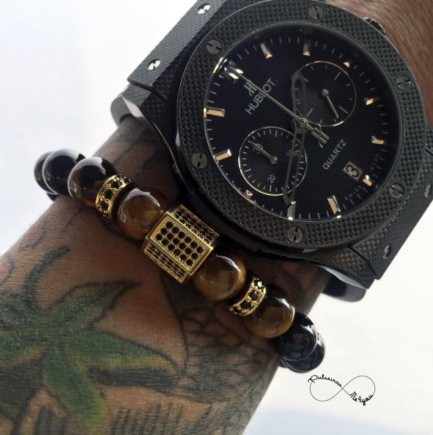 Pulseira Masculina Pedras Naturais+ Cubic Zirconia Gold - Ref PULSH 116