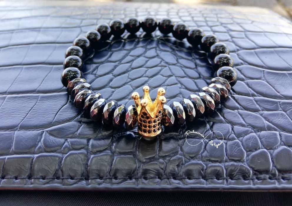 Pulseira Masculina Pedras Naturais e Coroa Dourada - Ref PULSH 122