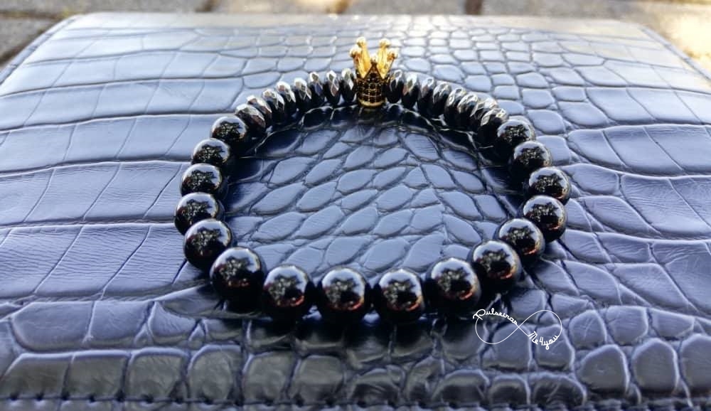 Pulseira Masculina Pedras Naturais e Coroa Dourada - Ref PULSH 122 - Image 3