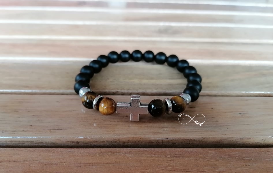 Pulseira Masculina Pedras Naturais + Cruz - PULSH 208 - Image 3