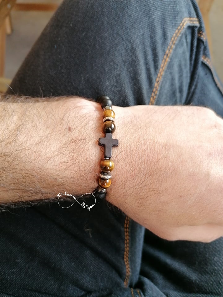 Pulseira Masculina Pedras Naturais + Cruz - PULSH 208 - Image 4