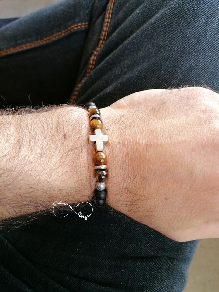 Pulseira Masculina Pedras Naturais + Cruz - PULSH 208 - Image 5
