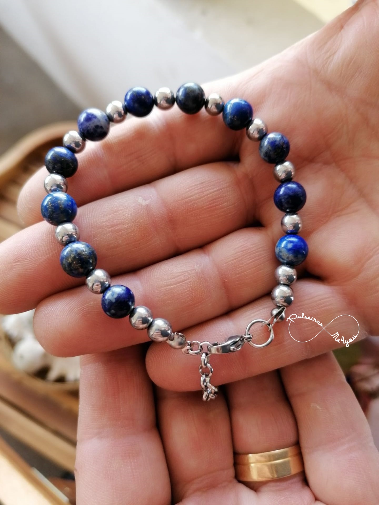 Pulseira Masculina Pedras Lapis Lazuli - Ajustável - Aço - PULSH 213