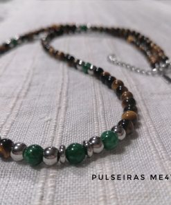 Colar Masculino - Olho de Tigre & Verde Jade - Aço Inoxidável - COL H23
