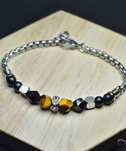 Pulseira Masculina Aço Inoxidável & Pedras Facetadas Olho de Tigre - PULSH AÇO 51