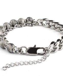 Pulseira com Pedras Naturais e corrente Dupla em Aço Inoxidável & Cinza Claro - PULSH AÇO 53