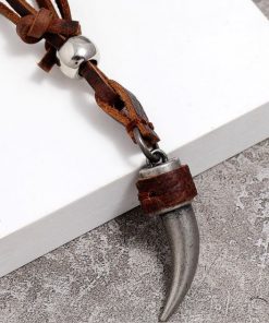 Colar Masculino de Couro Genuíno & Pingente Chifre - COL H30