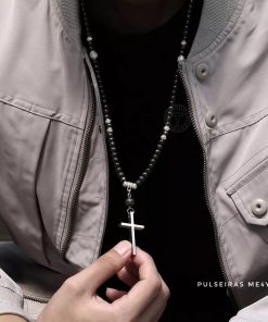 Colar Masculino Madeira & Crucifixo Longo de Aço Inoxidável - COL H Aço 49