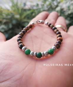 Pulseira Masculina Pedra Verde Jade & Olho de Tigre & Aço Inoxidável - PULSH AÇO 55