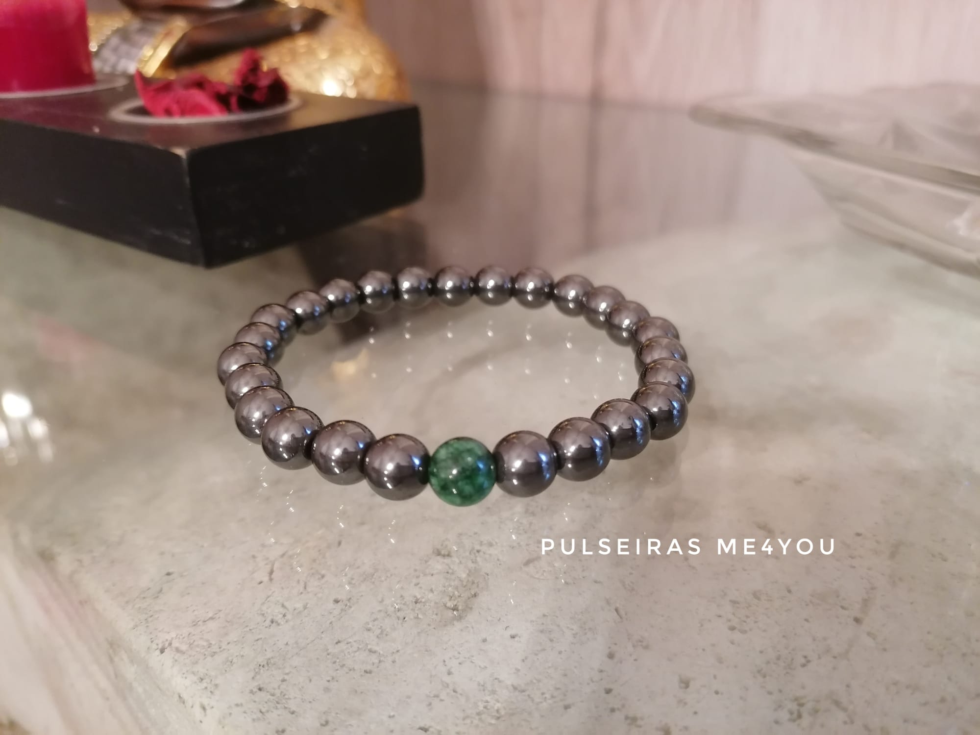Pulseira Masculina Hematite & Pedra Verde Jade - PULSH 289