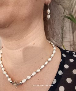 Colar e Brincos Pérolas de Água Doce e Esferas em Aço  - Col S Aço 10