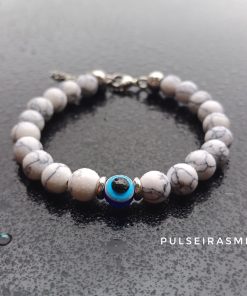 Pulseira Branco Howlite & Olho Turco & Aço - PULSH AÇO 74