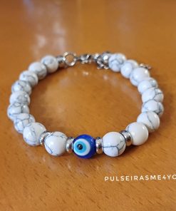 Pulseira Pedras Branco Howlita & Olho Turco & Aço - PULSH 322