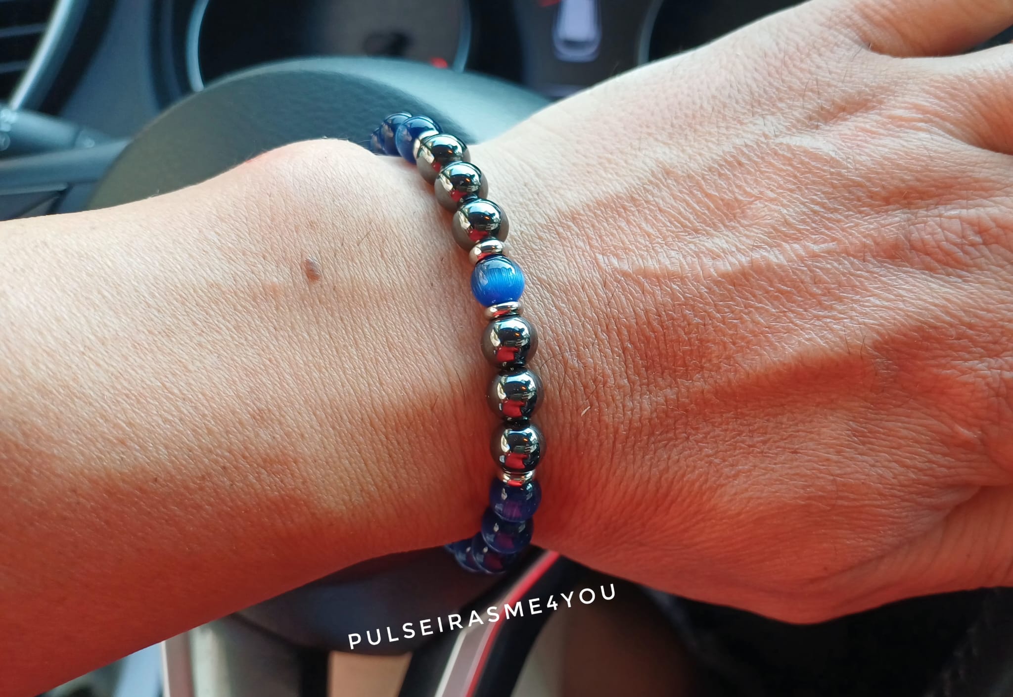Pulseira Masculina Olho de Tigre Azul & Hematite & Aço - PULSH 323 - Image 2