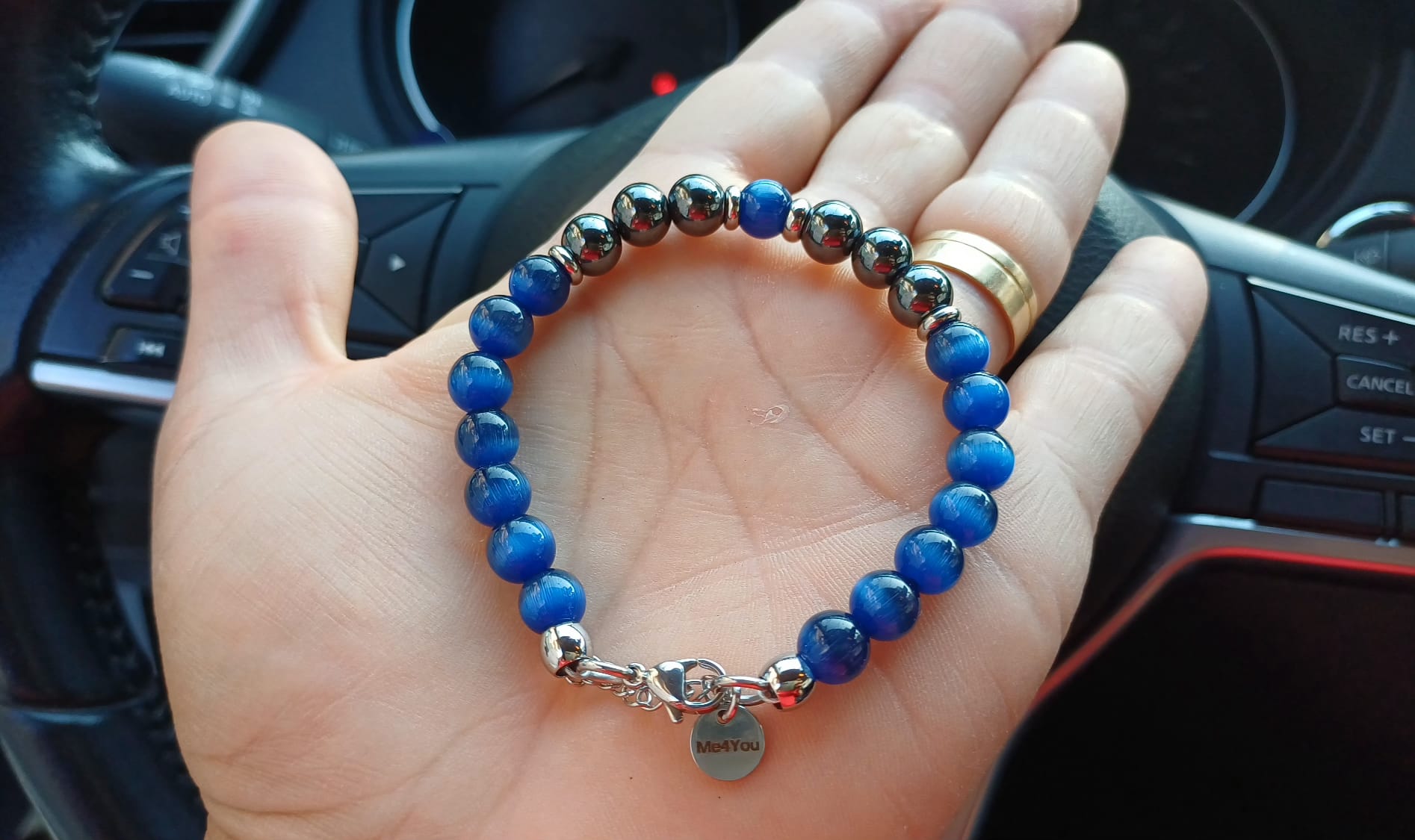 Pulseira Masculina Olho de Tigre Azul & Hematite & Aço - PULSH 323