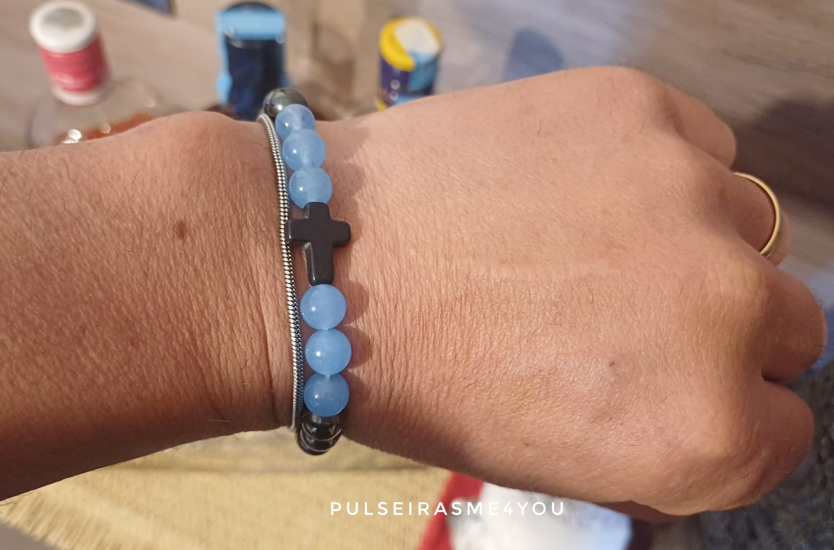 Pulseira Cruz Hematite & Azul Jade - PULSH 331