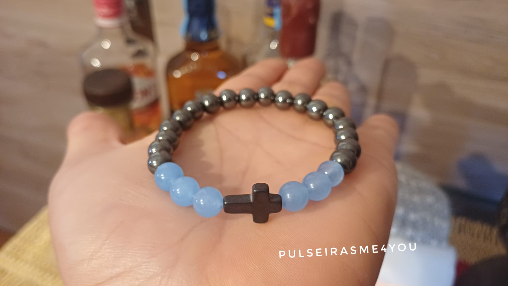 Pulseira Cruz Hematite & Azul Jade - PULSH 331 - Image 2