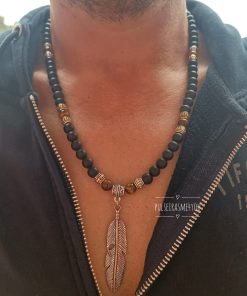 Colar Masculino Pena & Preto Fosco Onyx e Olho de Tigre - COL H46