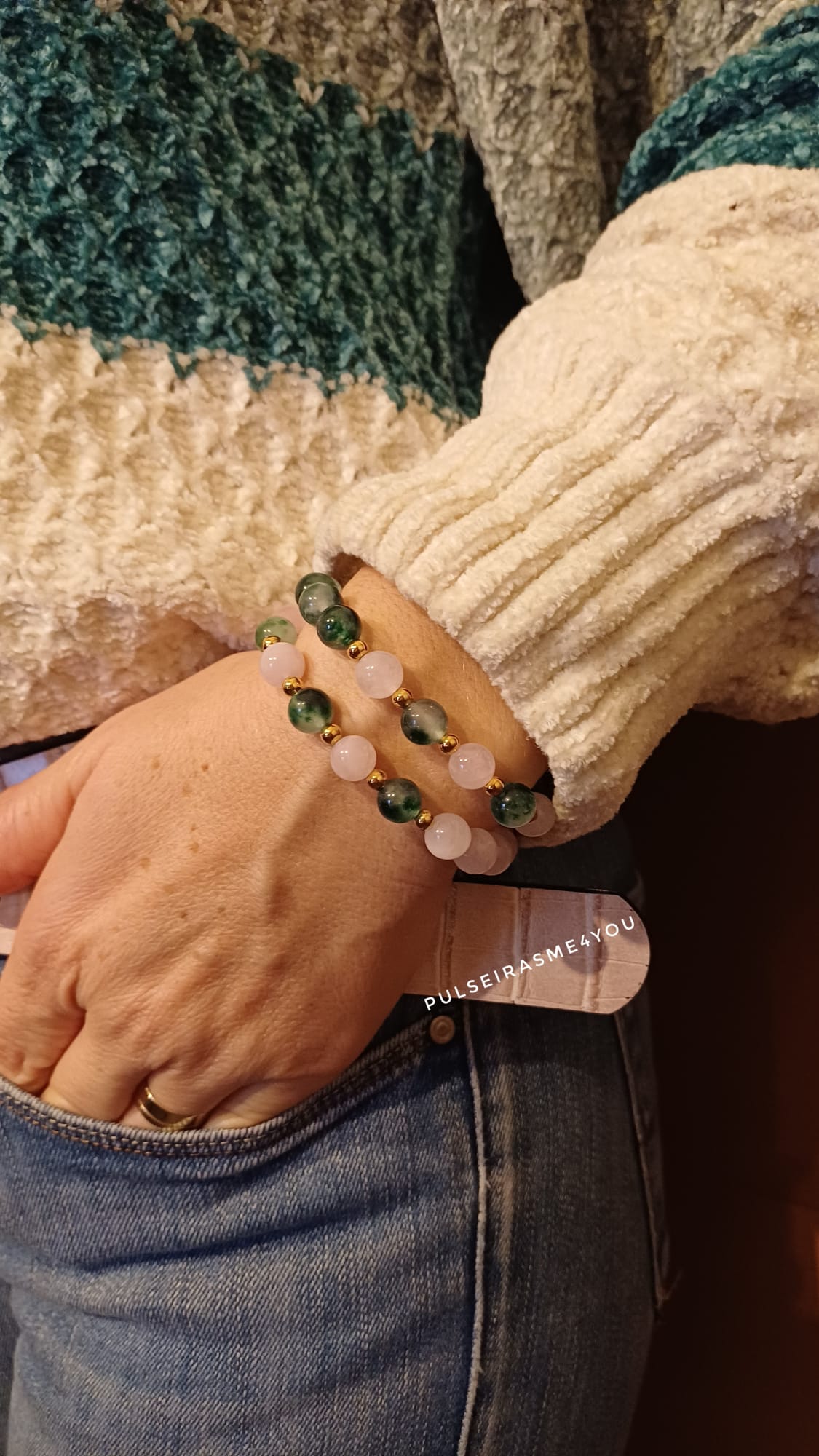 Pulseira Feminina Verde Calcedónia e Rosa Quartzo - PULS SH 45