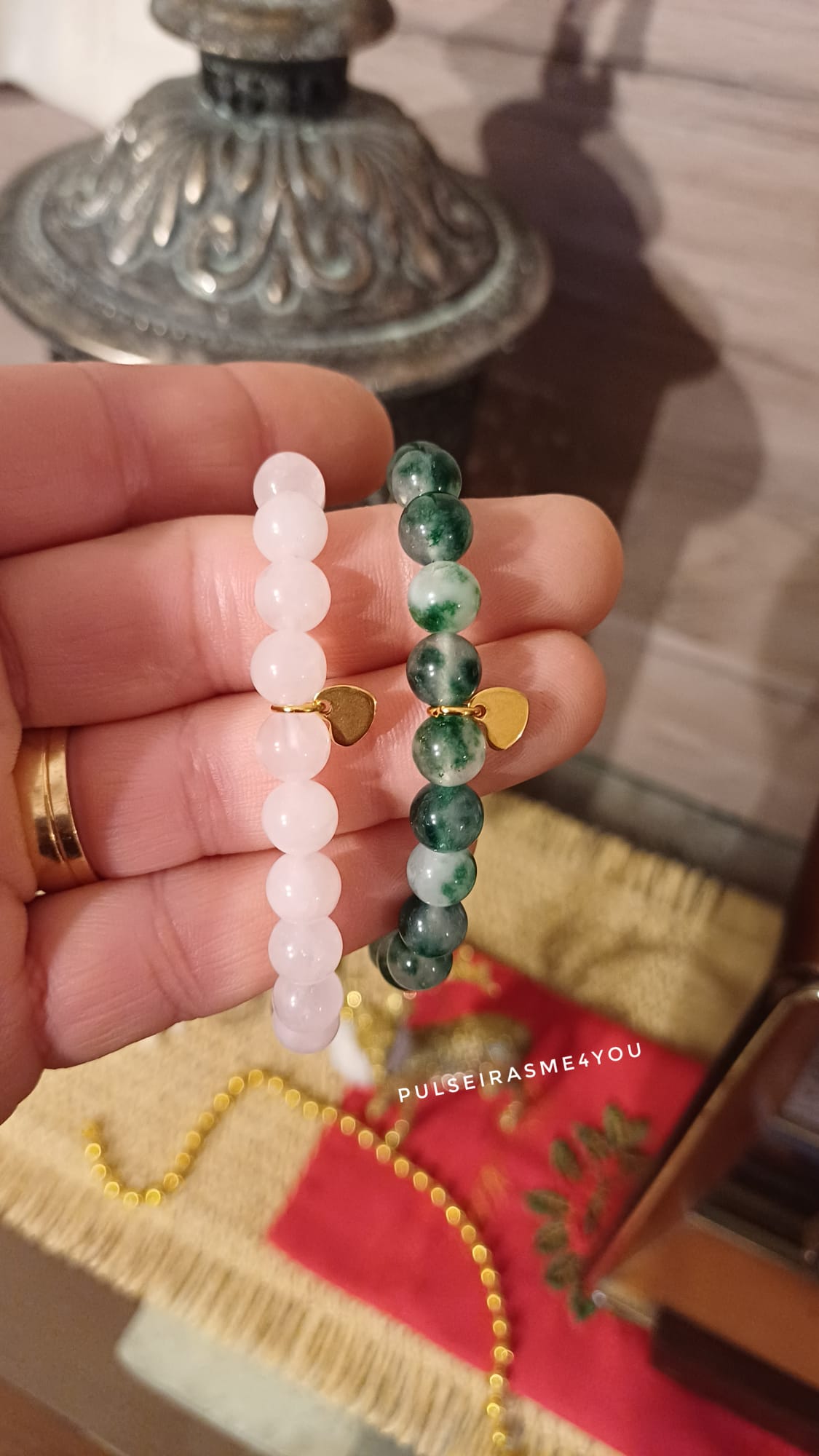 Pulseira Feminina Verde Calcedónia e Rosa Quartzo - PULS SH 45 - Image 3