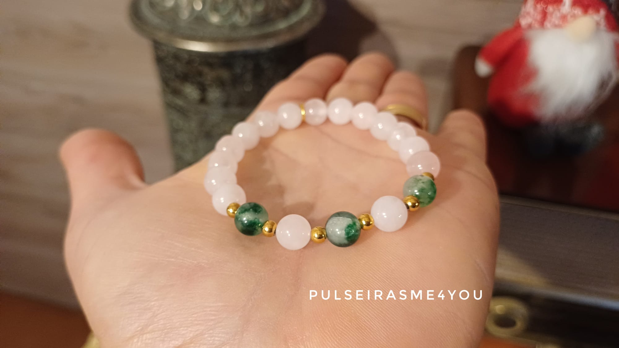 Pulseira Feminina Verde Calcedónia e Rosa Quartzo - PULS SH 45 - Image 4