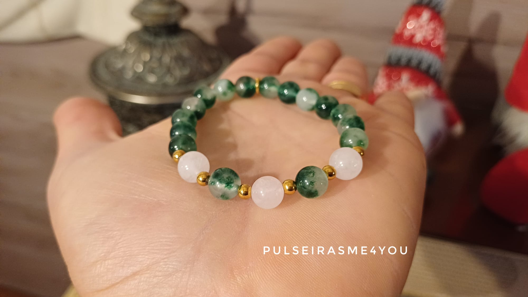 Pulseira Feminina Verde Calcedónia e Rosa Quartzo - PULS SH 45 - Image 5