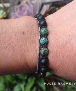 Pulseira Masculina Preto Fosco Onyx & Verde África & Olho de Tigre - PULSH 333