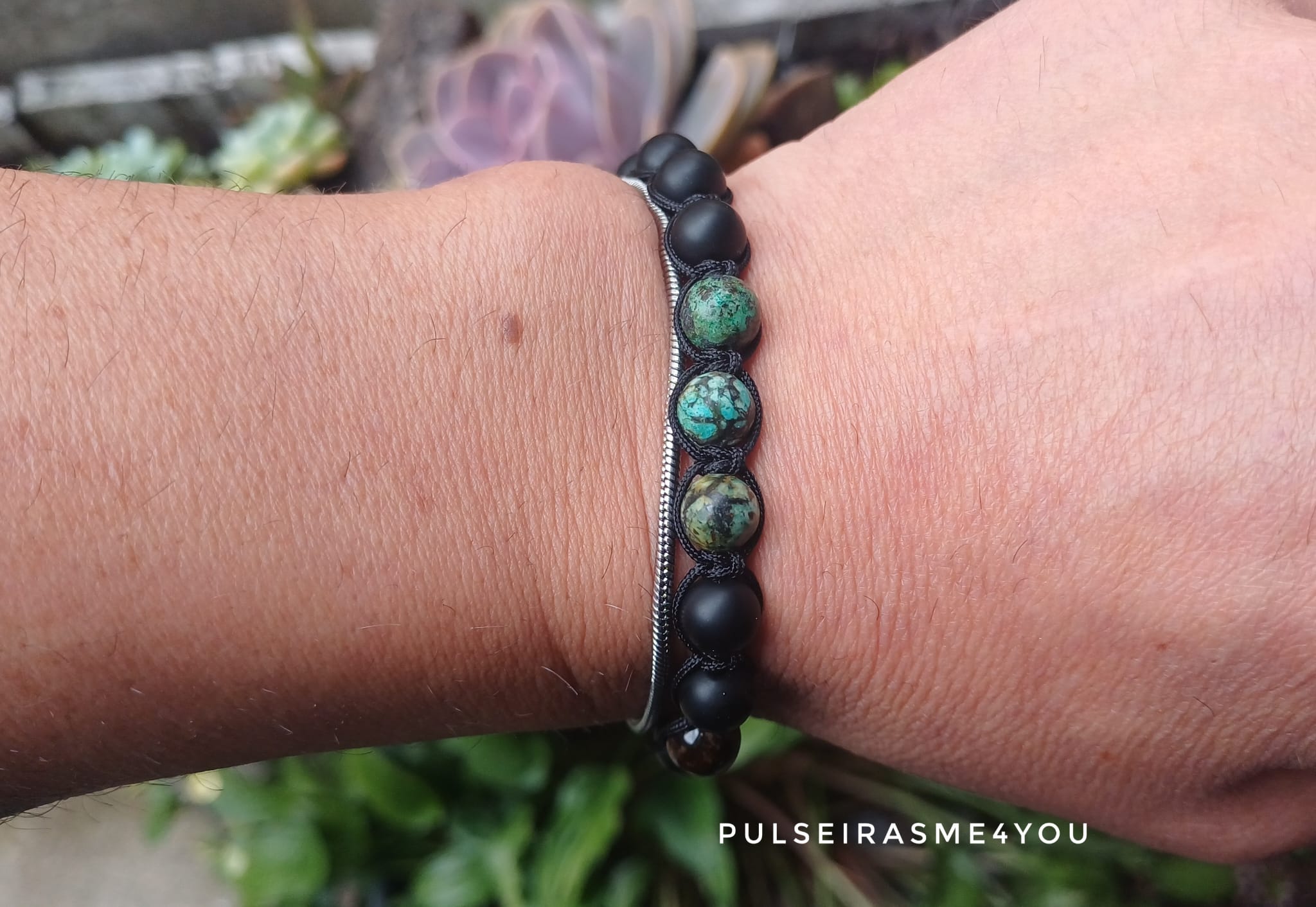 Pulseira Masculina Preto Fosco Onyx & Verde África & Olho de Tigre - PULSH 333