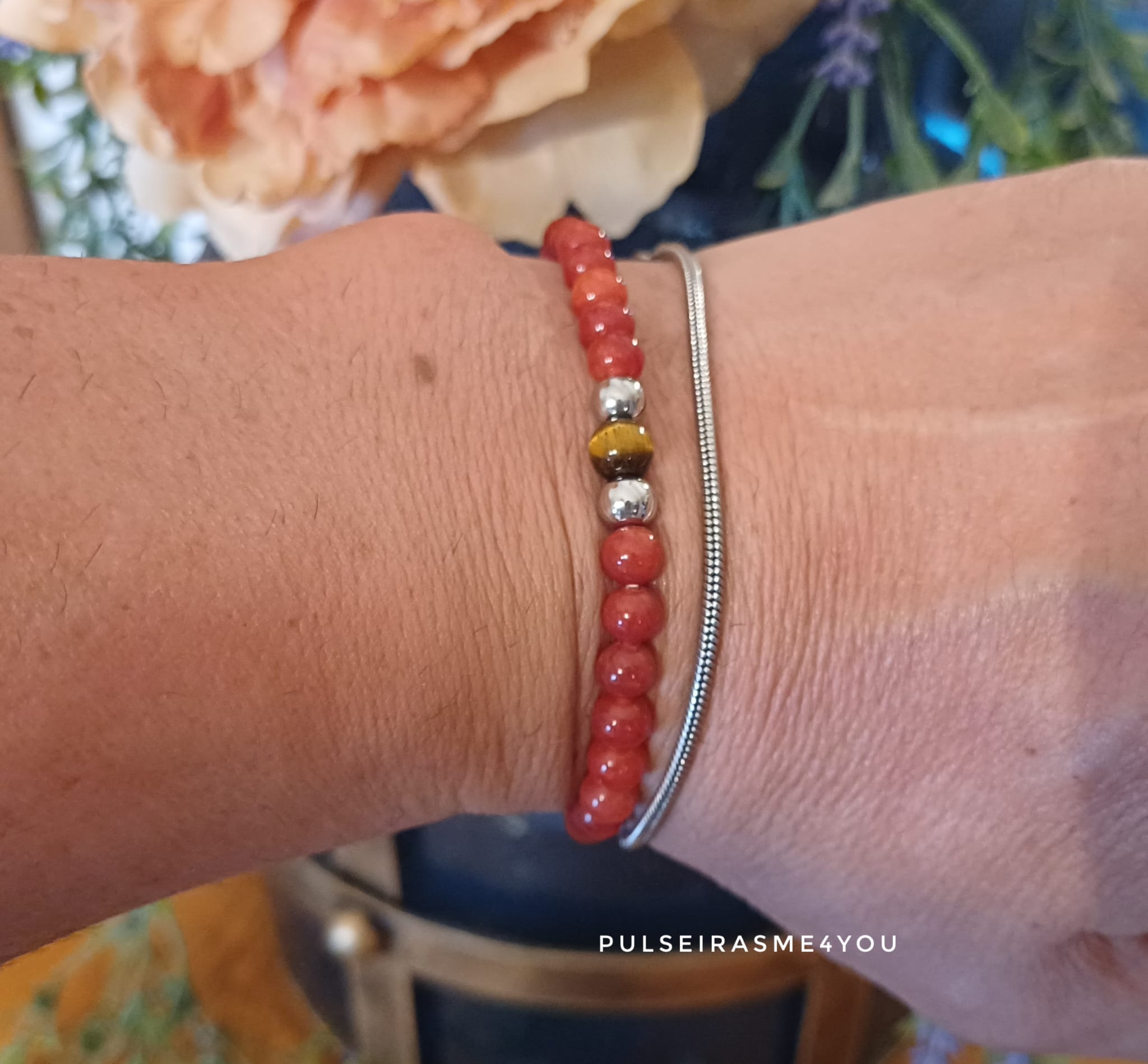 Pulseira Calcedónia Jaspe Vermelho & Olho de Tigre - PULSH 347